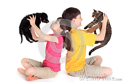 Children with family pets Stock Photo