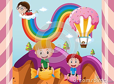 Children in fantacy land with candy Vector Illustration