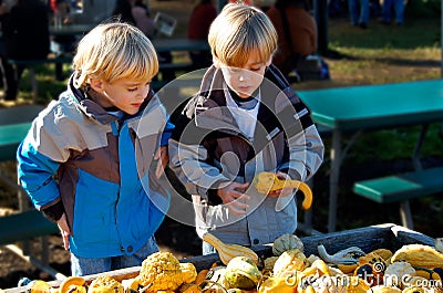 Children at Farmers Market Selecting Vegetables. Stock Photo