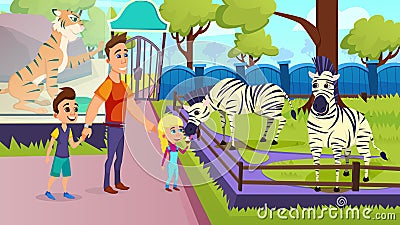 Children Feeding Zebra with Ice Cream in Zoo. Vector Illustration