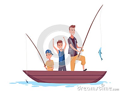 Children fishing icon. Happy boy child holding fish on fishing rod hook. Fisherman with fish catch cartoon. Family Vector Illustration