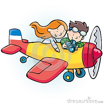 Children fly in a yellow plane and take photos Vector Illustration
