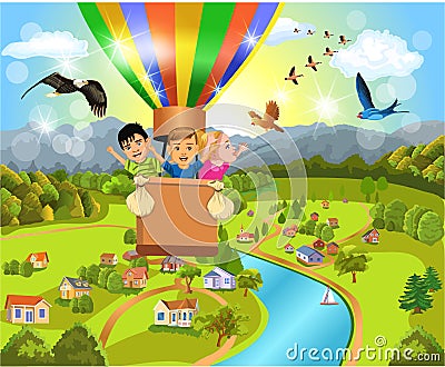 Children flying with the balloon Vector Illustration