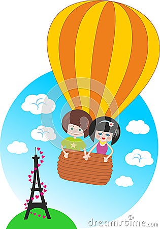 Children flying on balloon on Paris Cartoon Illustration