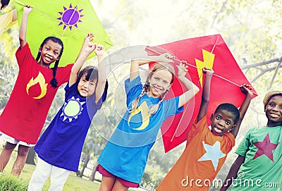 Children Flying Kite Playful Friendship Concept Stock Photo