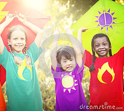 Children Flying Kite Playful Friendship Concept Stock Photo