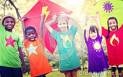 Children Flying Kite Playful Friendship Concept Stock Photo