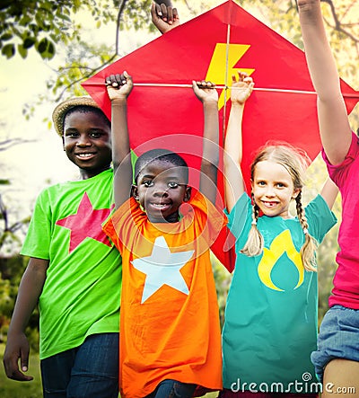 Children Flying Kite Playful Friendship Concept Stock Photo