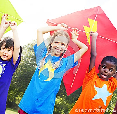 Children Flying Kite Playful Friendship Concept Stock Photo