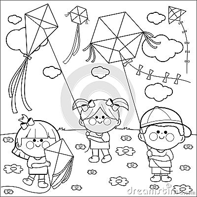Children flying kites. Vector black and white coloring page. Vector Illustration