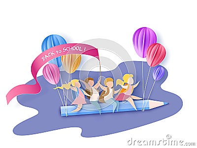 Children flying on pencil with air balloons Vector Illustration