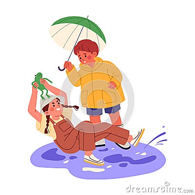 Children friends walking outdoors in rain. Afraid boy and girl slipping and falling down into puddle, holding frog Vector Illustration
