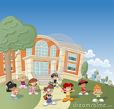 Children in front of school Vector Illustration