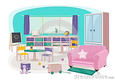 Children furniture. Toys for preschool kindergarten kids room soft furniture bedroom bed desk education items vector Vector Illustration