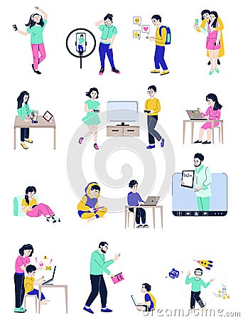 Children Gadget Addiction Icons Vector Illustration