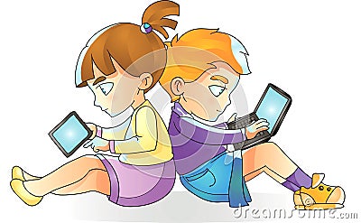 Children with gadgets, boy and laptop, girl reads tablet, vector Vector Illustration