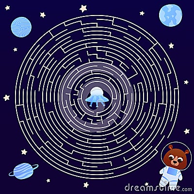 Children game, cosmic circle labyrinth for kids, held astronaut find way to spaceship, universe theme Vector Illustration