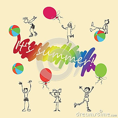 Children, games with balls and the words It`s summer. Vector Illustration