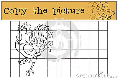 Children games: Copy the picture. Beautiful cute rooster. Vector Illustration