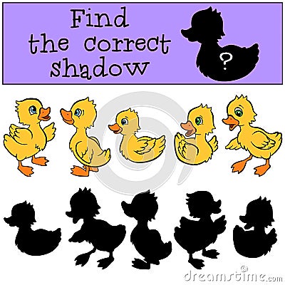 Children games: Find the correct shadow. Little cute ducklings. Vector Illustration