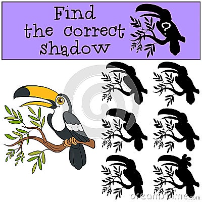 Children games: Find the correct shadow. Little cute toucan. Vector Illustration