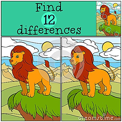 Children games: Find differences. Cute beautiful lion. Vector Illustration