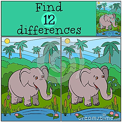 Children games: Find differences. Cute kind elephant. Vector Illustration