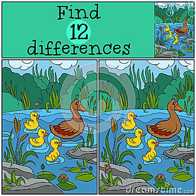 Children games: Find differences. Duck and ducklings. Vector Illustration