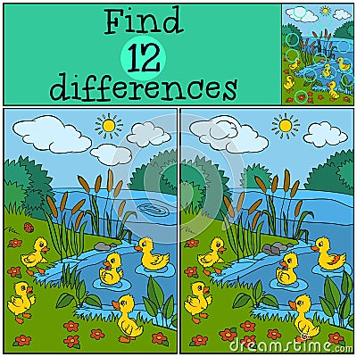 Children games: Find differences. Five little cute ducklings. Vector Illustration