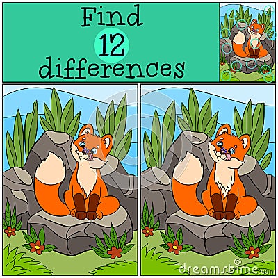 Children games: Find differences. Little cute baby fox looks at the fly. Vector Illustration