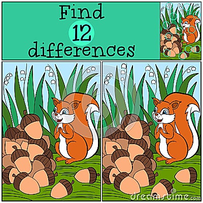 Children games: Find differences. Little cute squirrel. Vector Illustration