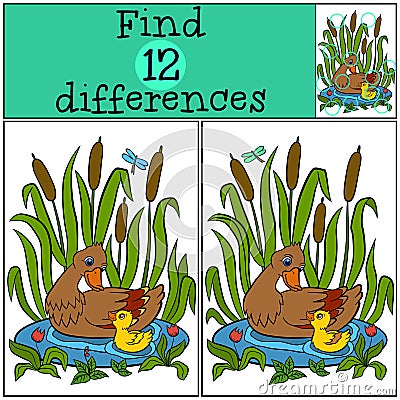 Children games: Find differences. Mother duck swims on the pond with her little cute duckling. Vector Illustration