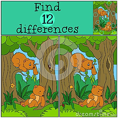 Children games: Find differences. Two little cute baby bears. Vector Illustration