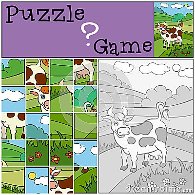 Children games: Puzzle. Cute spotted cow. Vector Illustration