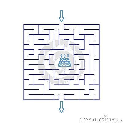 Children games. Square maze, labyrinth with different difficulty levels and birthday cake dessert with lit candles prize inside. Vector Illustration