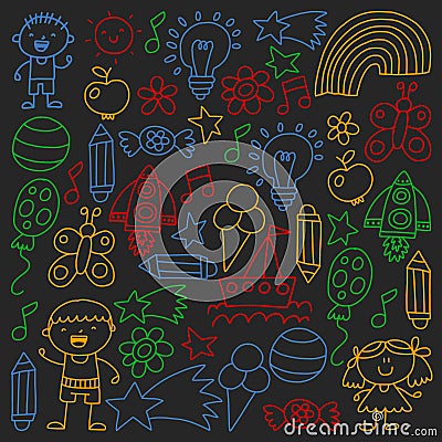 Children garden, Patern, Hand drawn children garden elements pattern, doodle illustration, Vector, illustration. Cartoon Illustration
