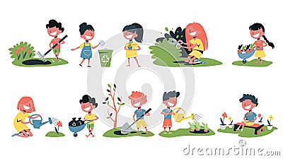 Children in the garden set. Collection of kids gardening Vector Illustration