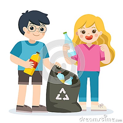 Children gathering plastic bottles for recycling. Waste recycling Vector Illustration