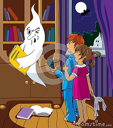 Children and a ghost Vector Illustration