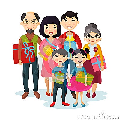 Children with gifts at family portrait Vector Illustration