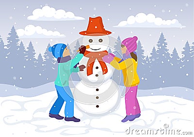 Children , girl and boy making a snowman. Winter landscape background Vector Illustration