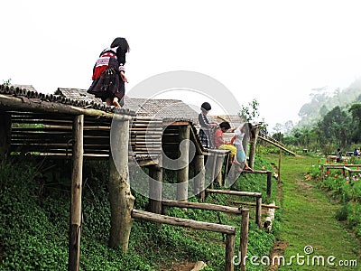 Children girl hmong tribal and child boy thai karen ethnic on Mon Jam village mountain hill posing portrait for take photo playing Editorial Stock Photo