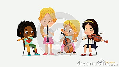 Children Girl Orchestra Play Different Music Instrument Vector Illustration