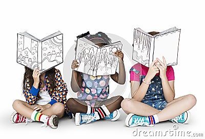 Children Girlfriends Reading Book Education Togetherness Studio Stock Photo