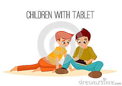 Children girls of different ages played in tablet. gadget addiction Vector Illustration