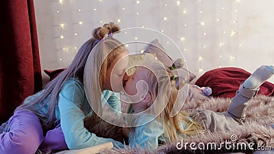 Children Girls Sisters Kissing Playing Together on Bed in Bedroom with Garland. Stock Video - Video of girl, cheerful: 159829097 