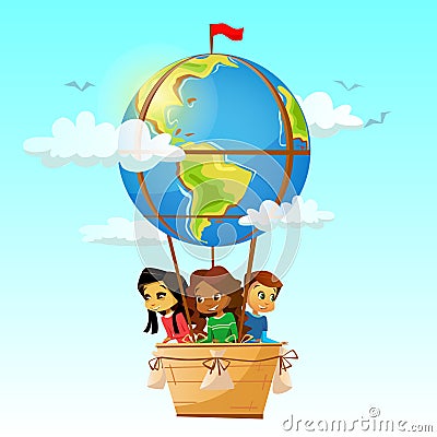 Children on globe hot air balloon vector illustration of cartoon travel adventure friendship and school education design Vector Illustration