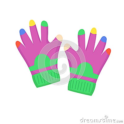 Children gloves and cartoon person child glove hand with finger. Winter clothing and protection knitted symbol. Warm clothes and Vector Illustration