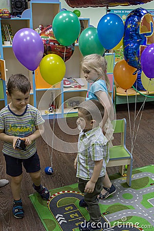 Children going home. Children in the school. Happy birthday in the child garden. Editorial Stock Photo