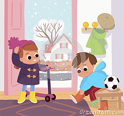 Children are going to go out on a cool day and gettting dressed up properly in hallway Vector Illustration